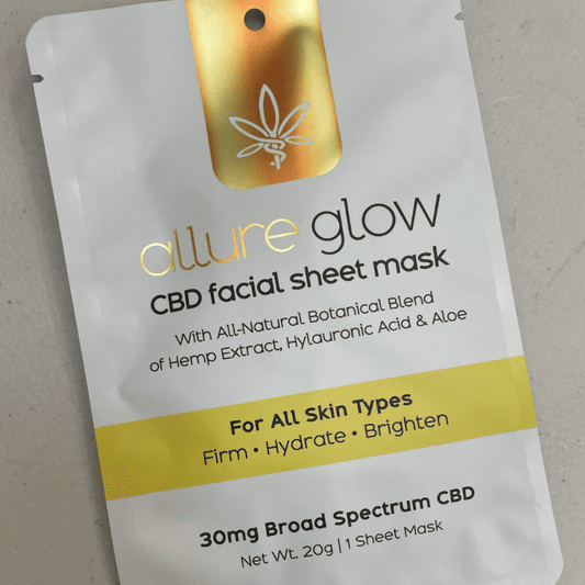 Allure Glow Radiance Facial Sheet Mask application with CBD and Hyaluronic Acid