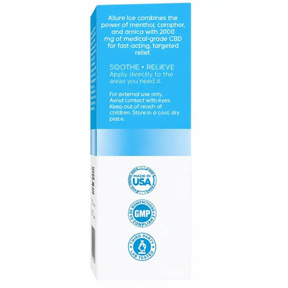 Allure Ice 2000mg CBD Cooling Relief Gel shown as a topical cooling product for targeted muscle relief