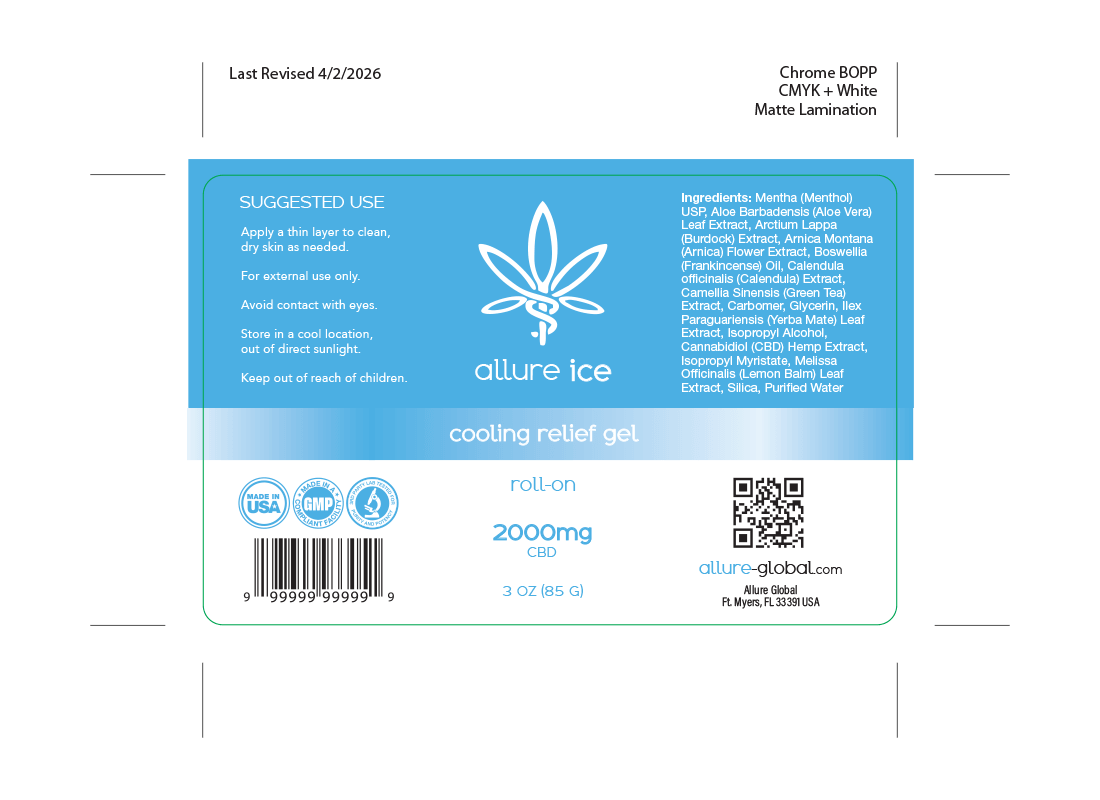Allure Ice Cooling Relief Gel product label showing the 2000mg CBD topical formula