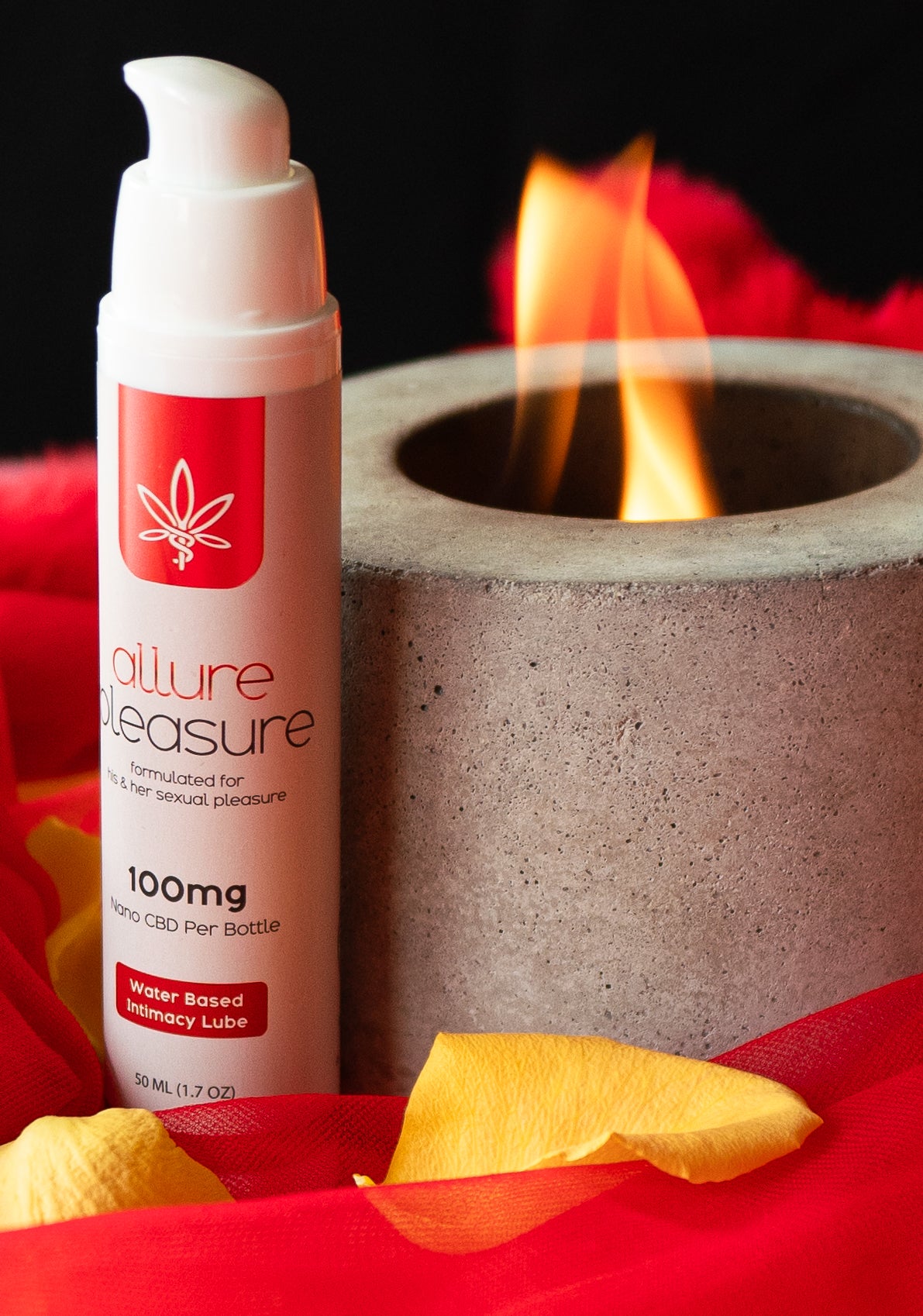 Allure Pleasure CBD Intimacy Lubricant, an all-natural water-based personal lubricant with 100mg nano CBD in a 1.7 oz (50 mL) bottle.