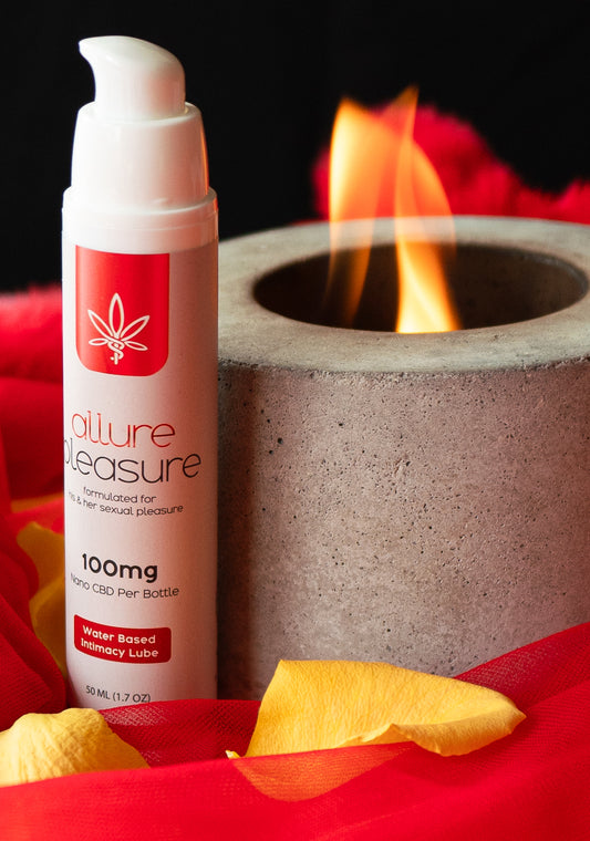 Allure Pleasure CBD Intimacy Lubricant, an all-natural water-based personal lubricant with 100mg nano CBD in a 1.7 oz (50 mL) bottle.