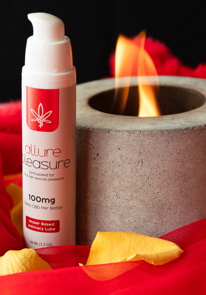Allure Pleasure CBD Intimacy Lubricant, an all-natural water-based personal lubricant with 100mg nano CBD in a 1.7 oz (50 mL) bottle.