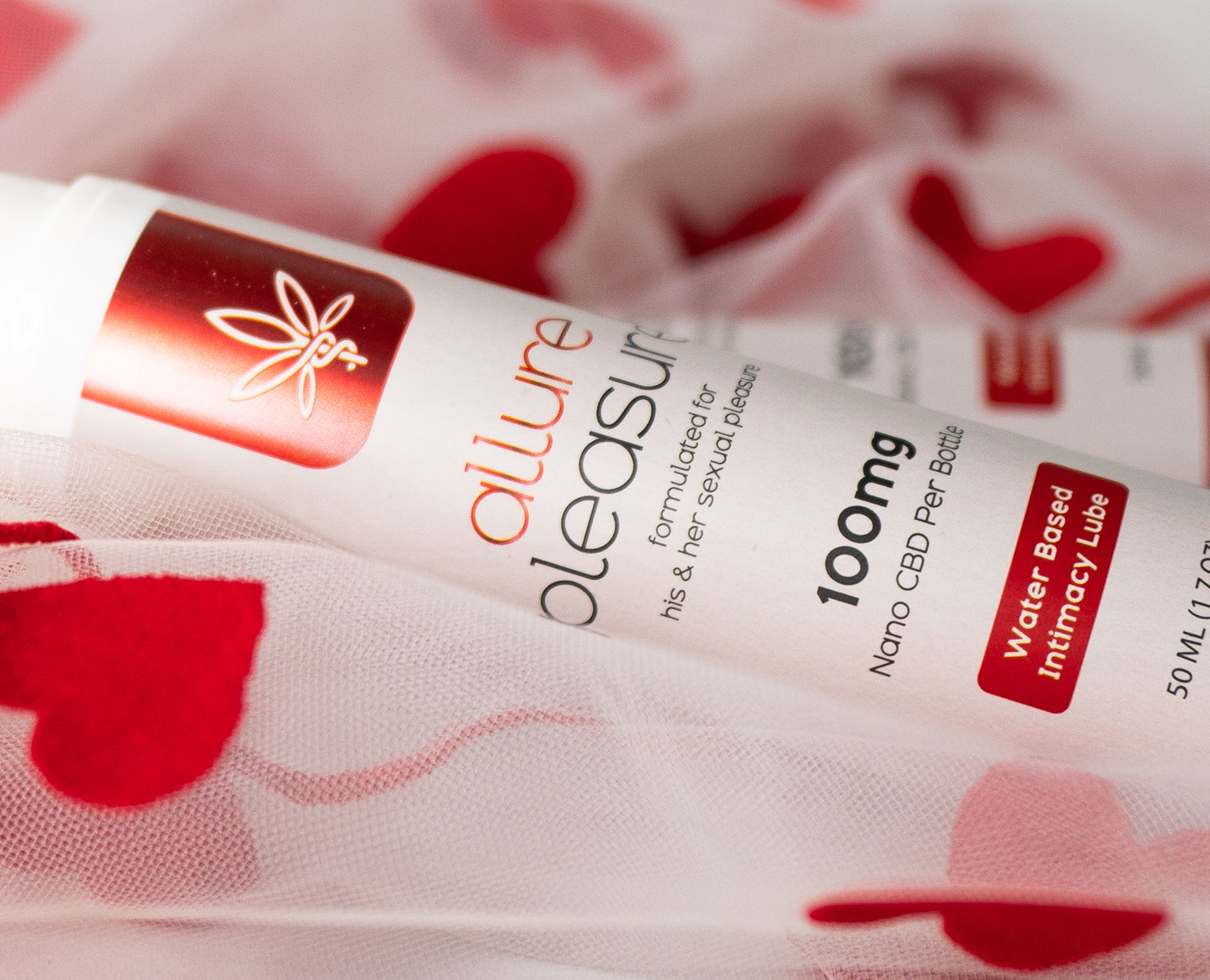 Allure Pleasure CBD Intimacy Lubricant shown as an intimate wellness product with 100mg nano CBD in a water-based formula.