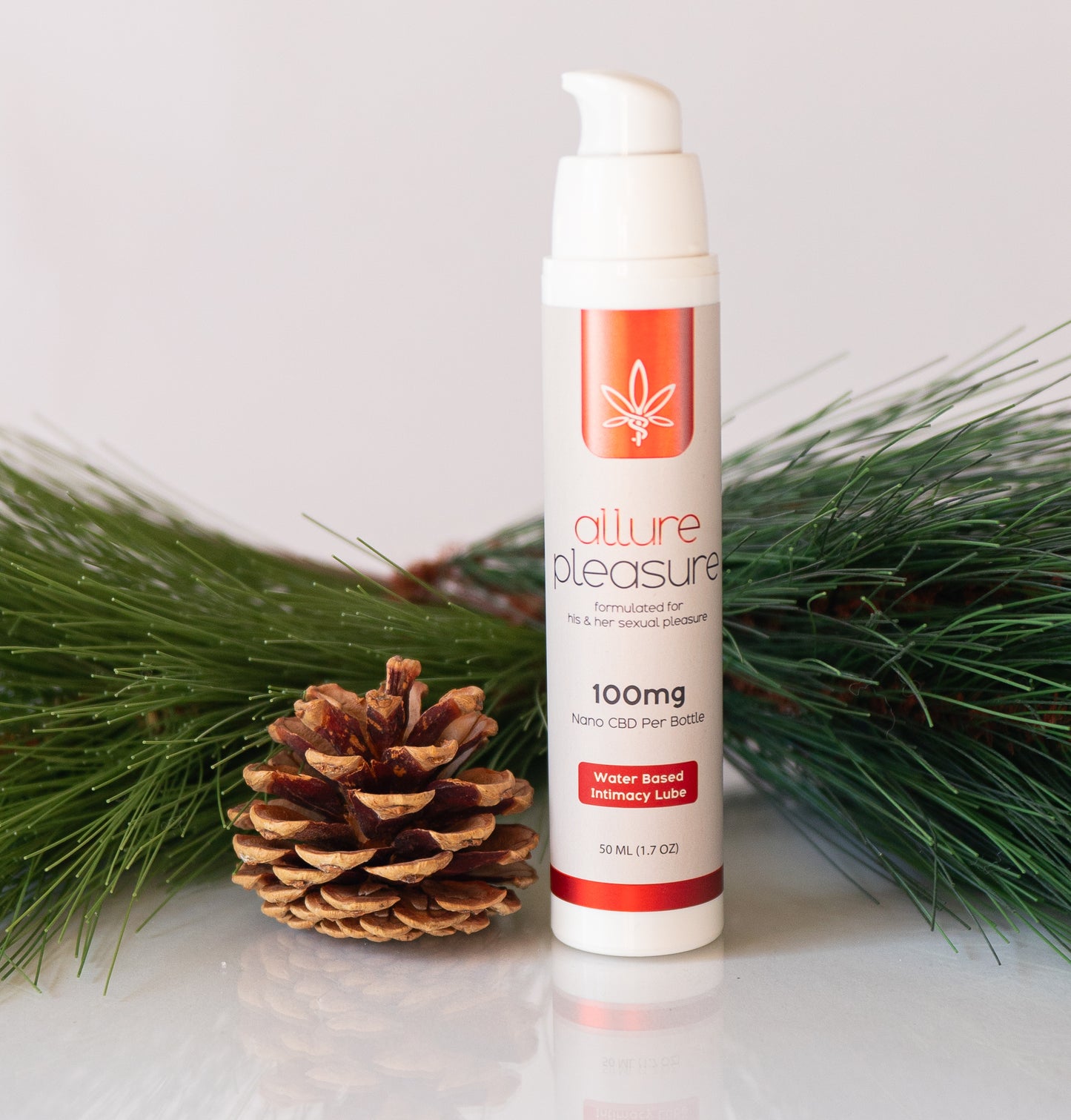 Allure Pleasure CBD Intimacy Lubricant bottle featuring a water-based formula with 100mg nano CBD for intimate wellness.