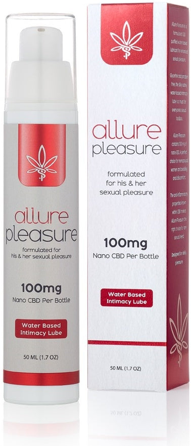 Allure Pleasure CBD Intimacy Lubricant with 100mg nano CBD, highlighting its all-natural water-based personal lubricant formula.
