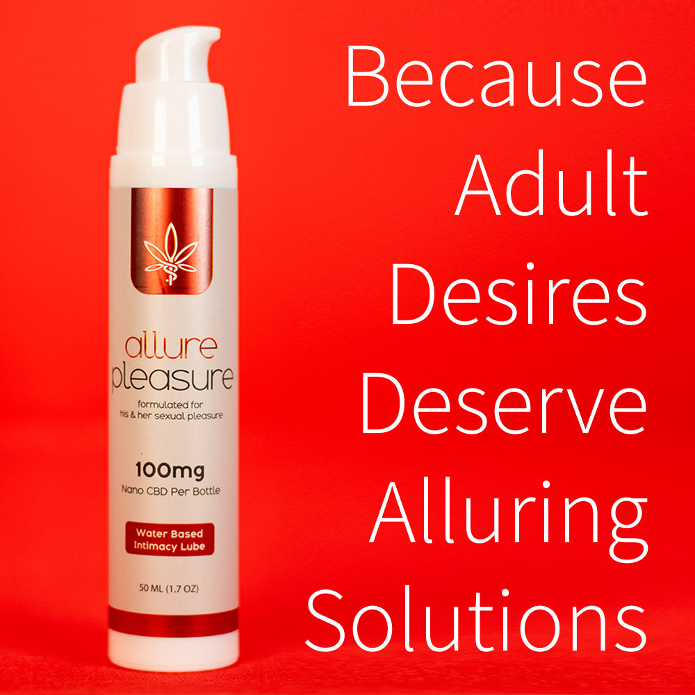 Allure Pleasure CBD Intimacy Lubricant packaging for the 1.7 oz (50 mL) water-based personal lubricant with 100mg nano CBD.