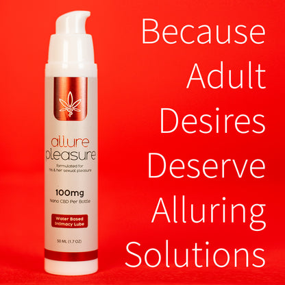Allure Pleasure CBD Intimacy Lubricant packaging for the 1.7 oz (50 mL) water-based personal lubricant with 100mg nano CBD.
