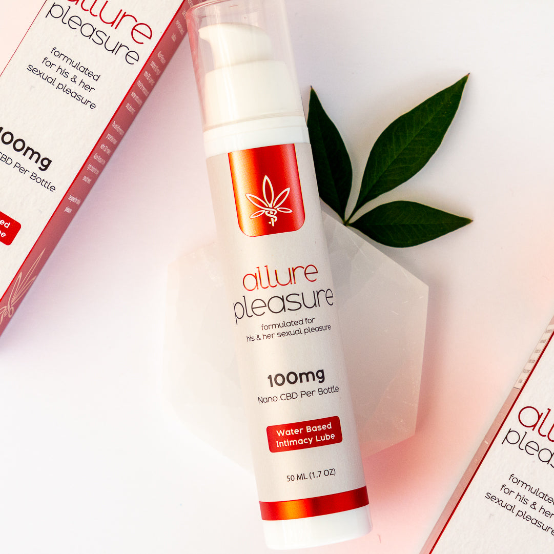 Allure Pleasure CBD Personal Lubricant featuring a water-based formula designed for intimate wellness and personal comfort.