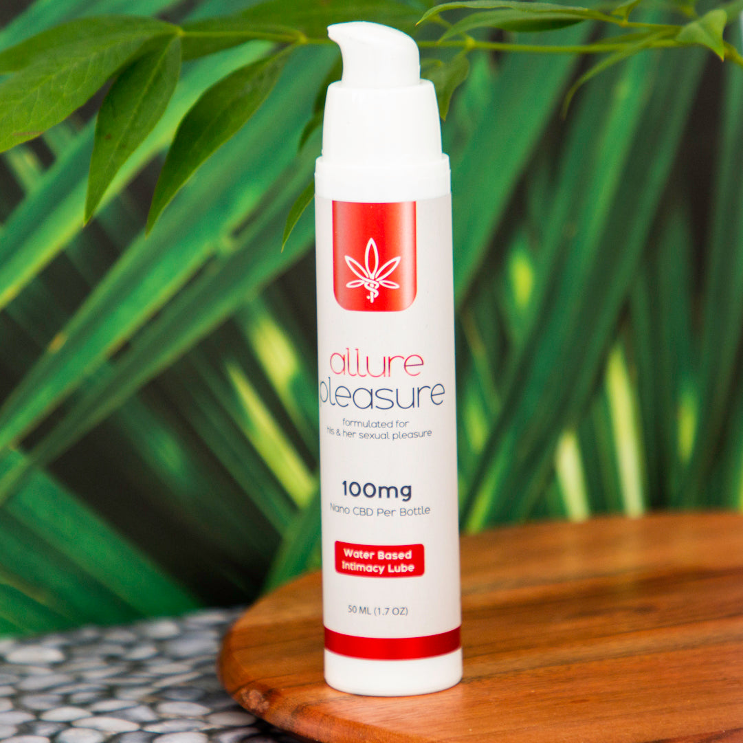 Allure Pleasure Intimacy Lubricant featuring 100mg nano CBD in an all-natural water-based personal lubricant formula.