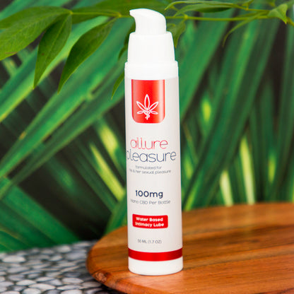 Allure Pleasure Intimacy Lubricant featuring 100mg nano CBD in an all-natural water-based personal lubricant formula.
