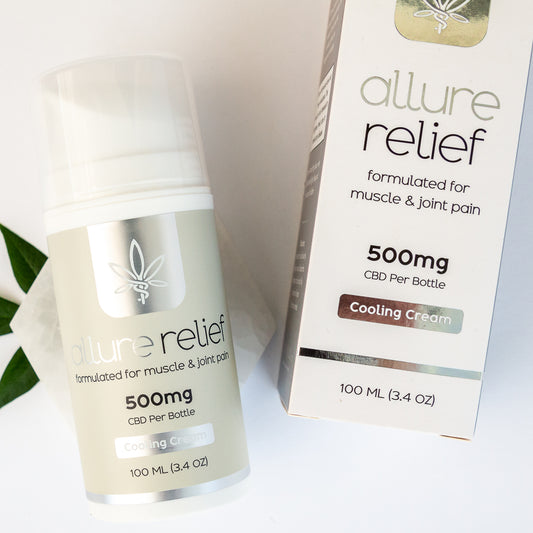 Allure Relief Topical Muscle & Joint Cream 500mg CBD Recovery Cream 3.4 oz front packaging view
