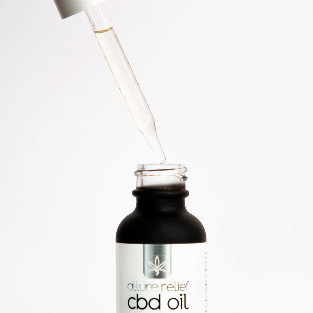 Allure Relief Tincture ingredient and product information label showing CBD and CBG wellness formula details