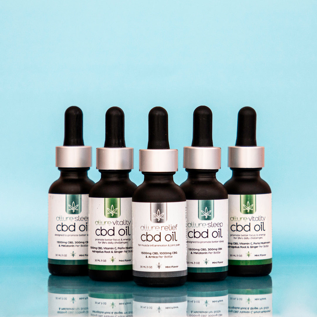 Allure Relief High-Potency CBD CBG Tincture packaging with 1500mg CBD and 1000mg CBG cannabinoid blend