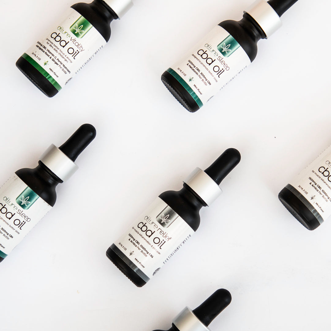 Close-up view of Allure Relief 1500mg CBD plus 1000mg CBG tincture product packaging