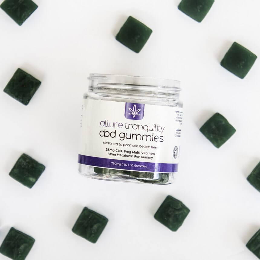 Allure Tranquility CBD Gummies featuring CBD, CBN, and Melatonin